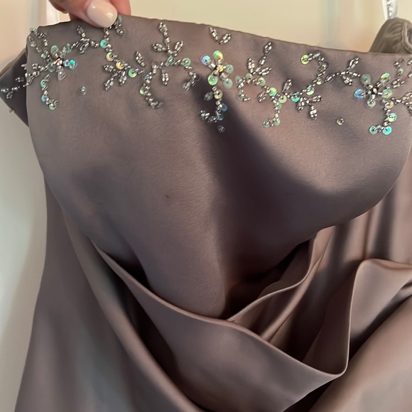 Taupe Strapless Prom Dress - Picture 2 of 9